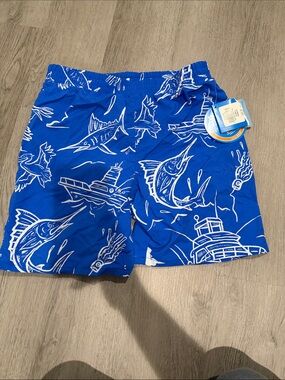 Columbia Blue & White Marlin Print Kids Swim Trunks